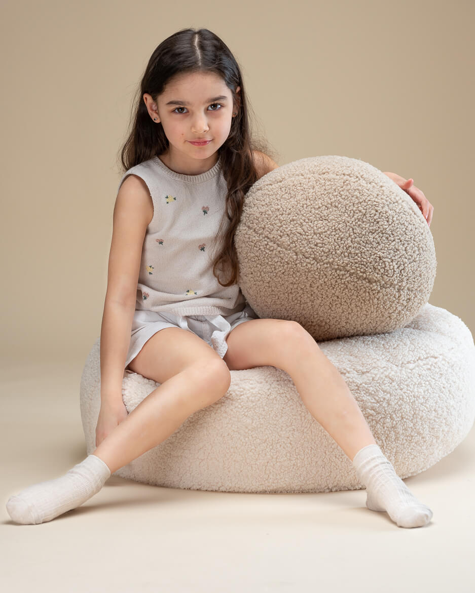 Cream White Ottoman - Pouf Rotondo in Tessuto Teddy