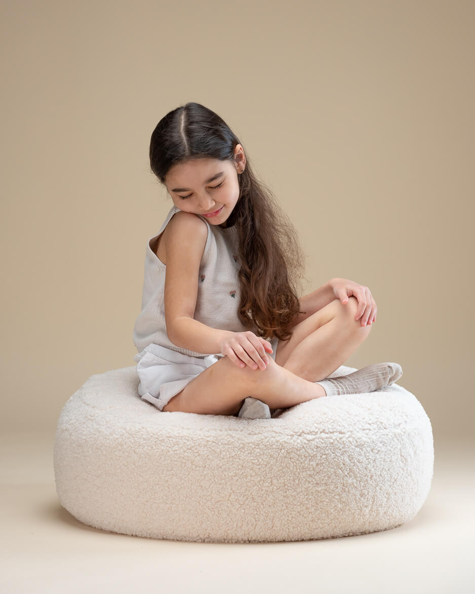 Cream White Ottoman - Pouf Rotondo in Tessuto Teddy