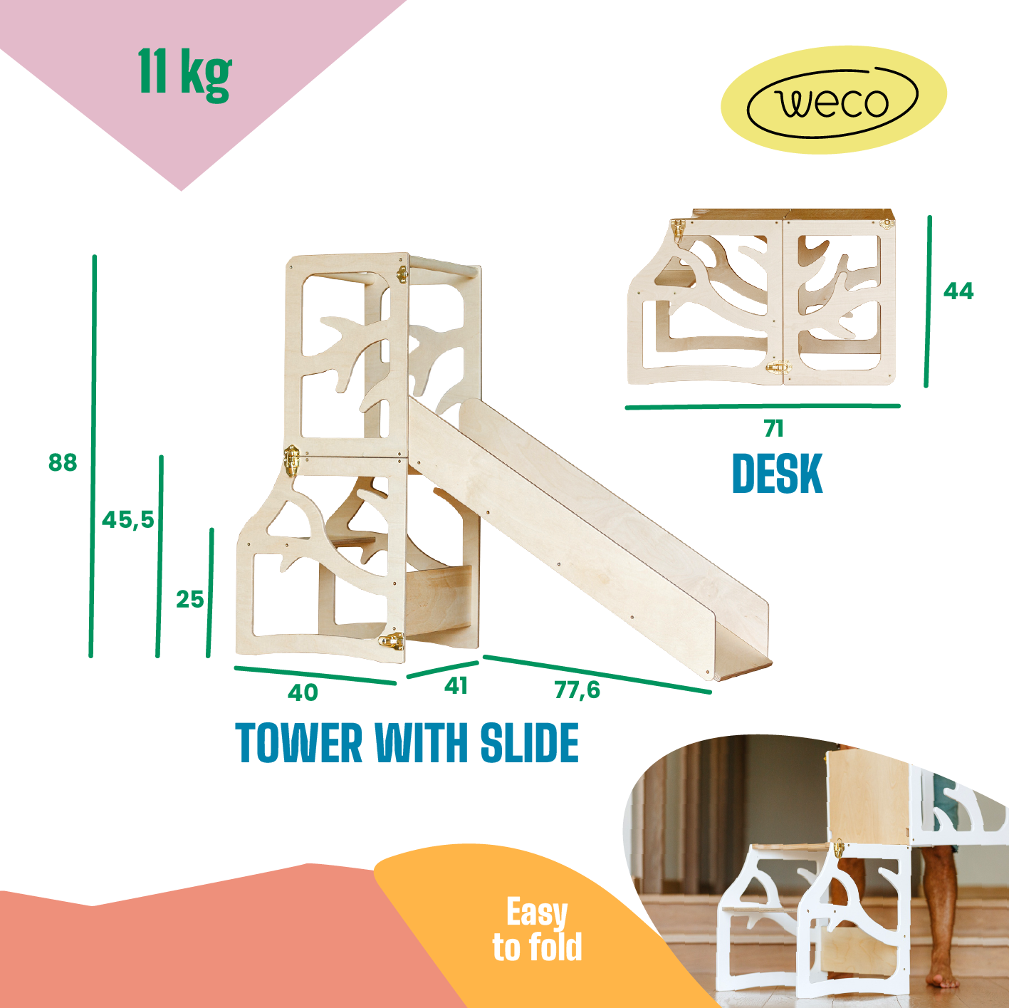 Torre di Apprendimento 3 in 1 – Design Albero / Scrivania / Scivolo – Legno Naturale