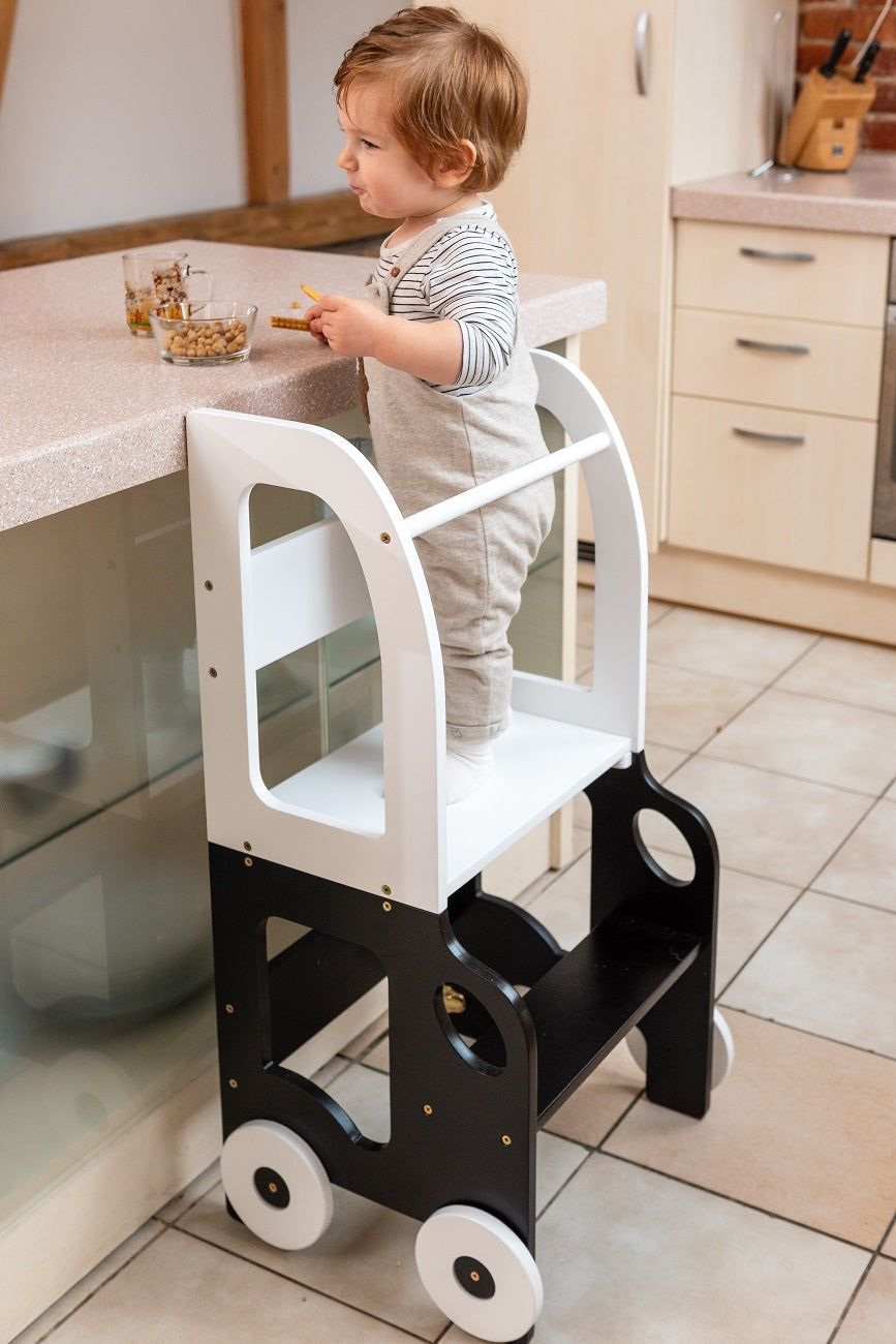 Sgabello Montessori multifunzionale Bianco e Nero - Torre di apprendimento trasformabile