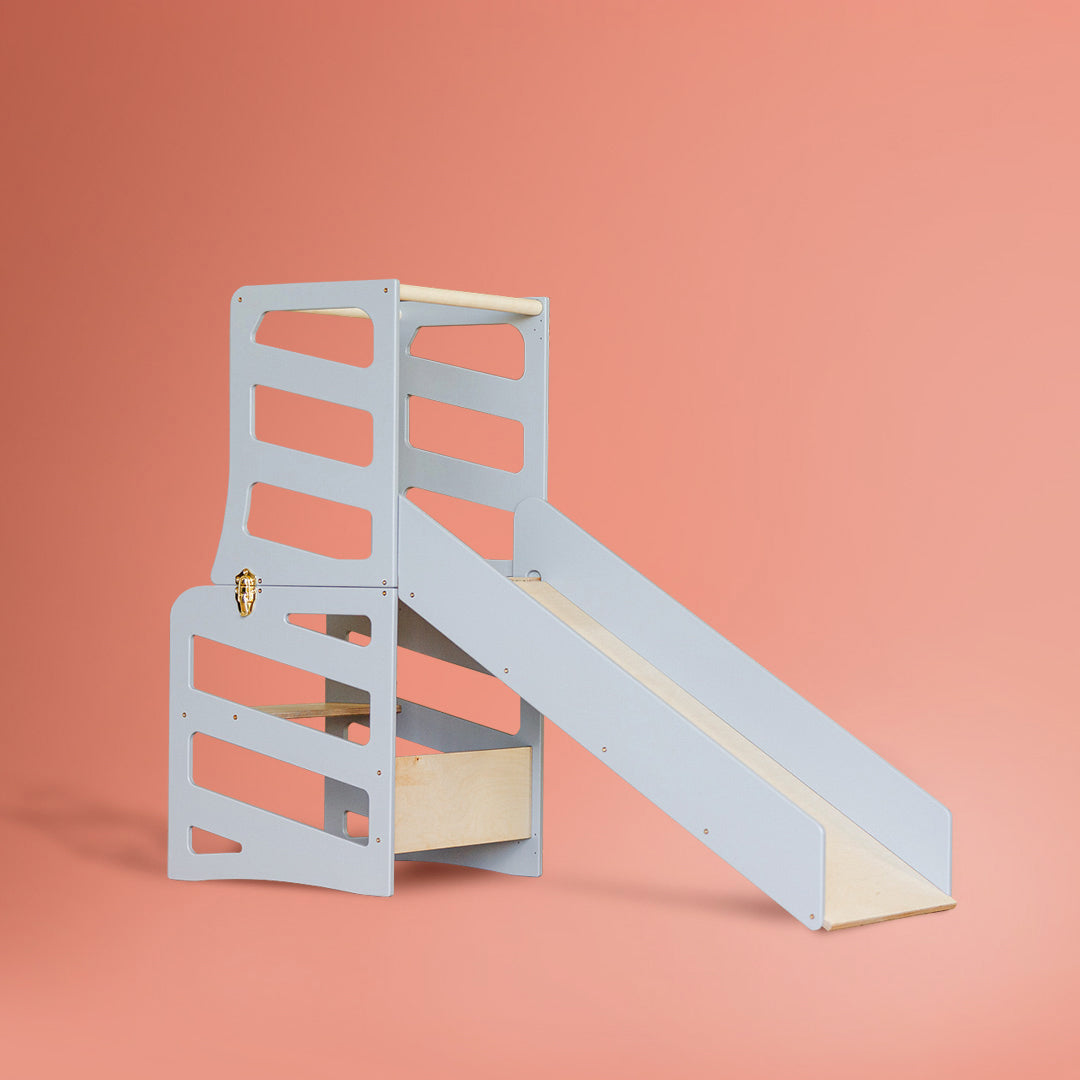 Torre di Apprendimento 3 in 1 – Design a Strisce / Scrivania / Scivolo – Grigio