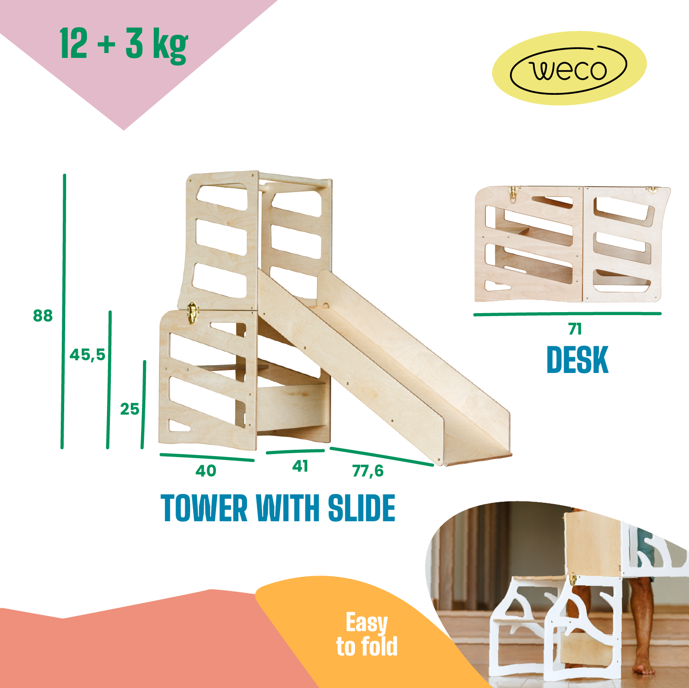 Torre di Apprendimento 3 in 1 – Design a Strisce / Scrivania / Scivolo – Legno Naturale