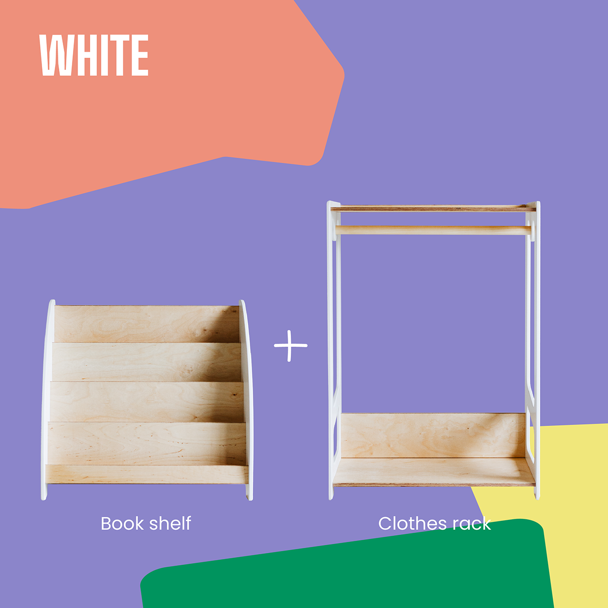 Set di Mobili Montessori Variabile: Appendiabiti + Scaffale per Libri - Bianco