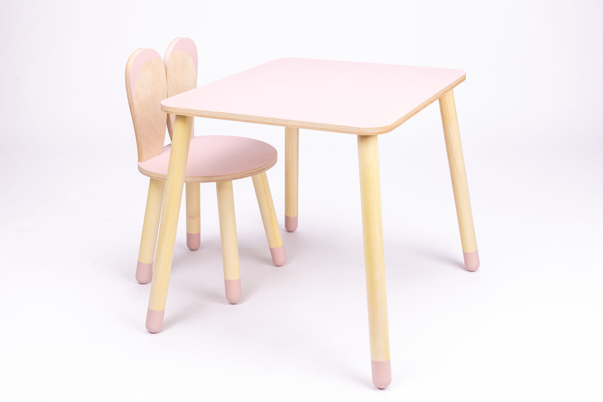 Set Tavolo e Sedia Bunny in Legno Rosa e Legno Naturale - Design Ergonomico per Bambini
