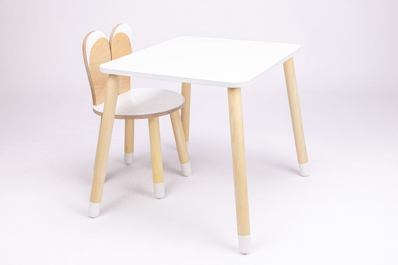 Set Tavolo e Sedia Bunny in Legno Bianco e Legno Naturale - Design Ergonomico per Bambini