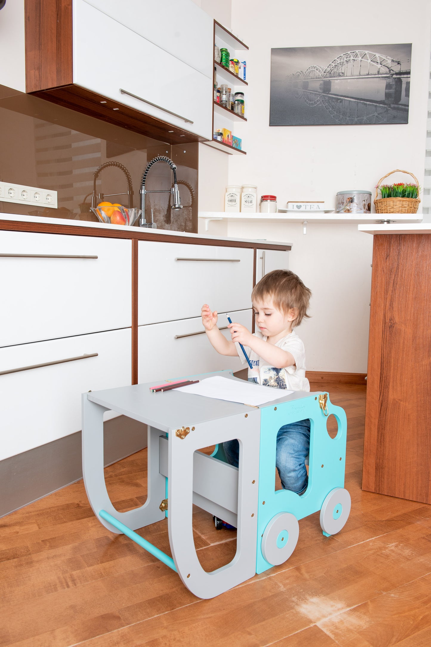 Sgabello Montessori multifunzionale Blu e Grigio - Torre di apprendimento trasformabile