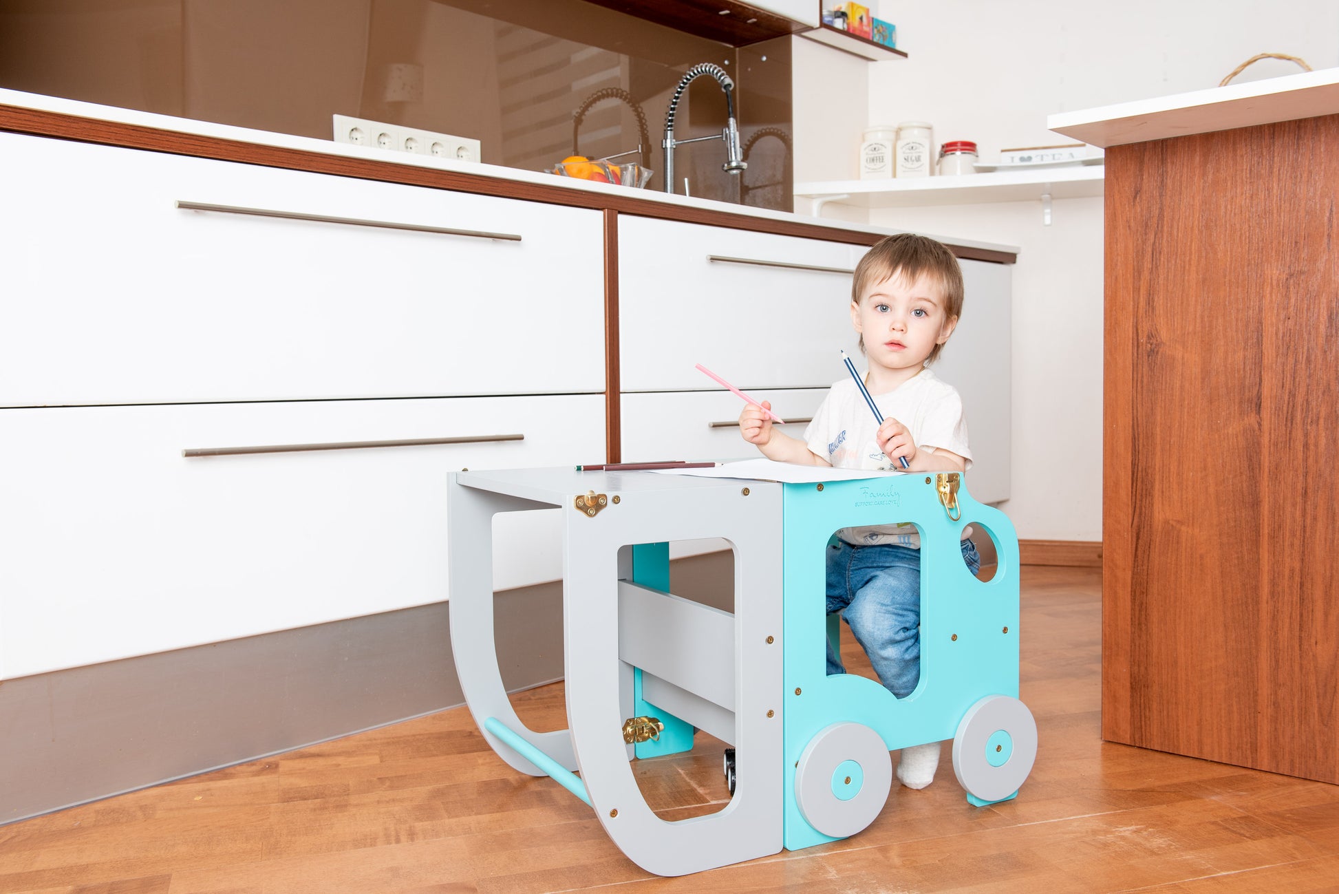 Sgabello Montessori multifunzionale Blu e Grigio - Torre di apprendimento trasformabile