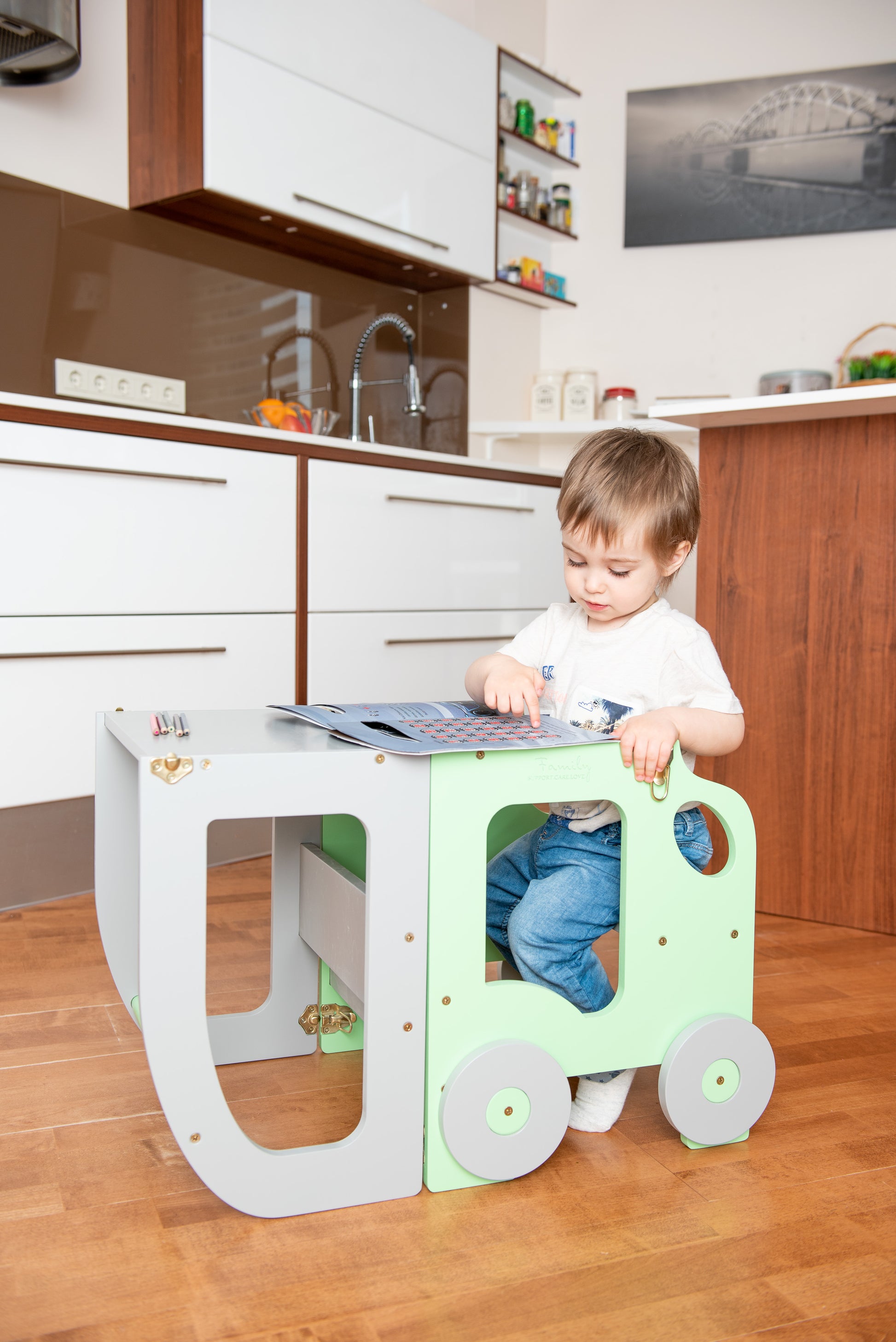 Sgabello Montessori multifunzionale Verde e Grigio - Torre di apprendimento trasformabile