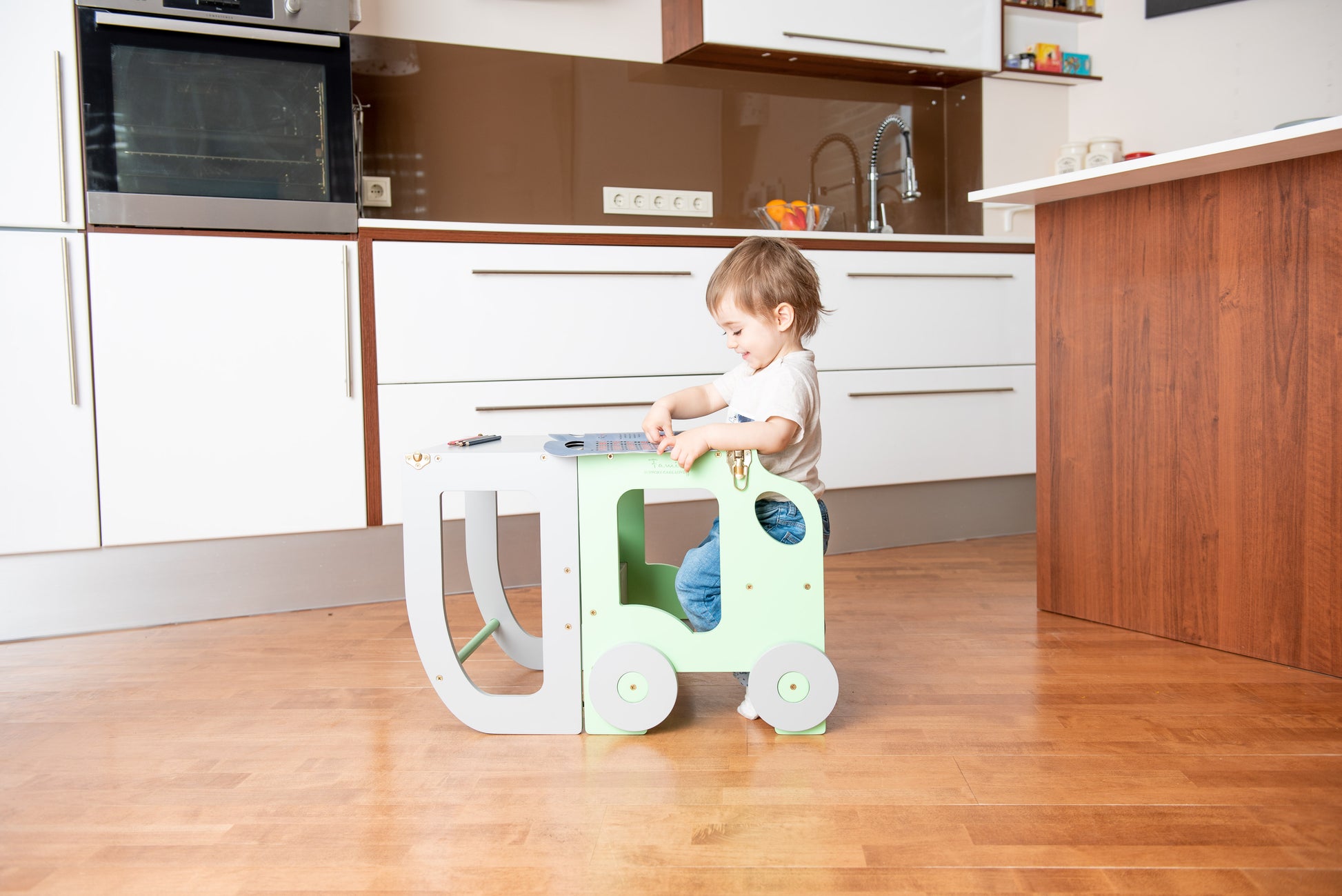 Sgabello Montessori multifunzionale Verde e Grigio - Torre di apprendimento trasformabile