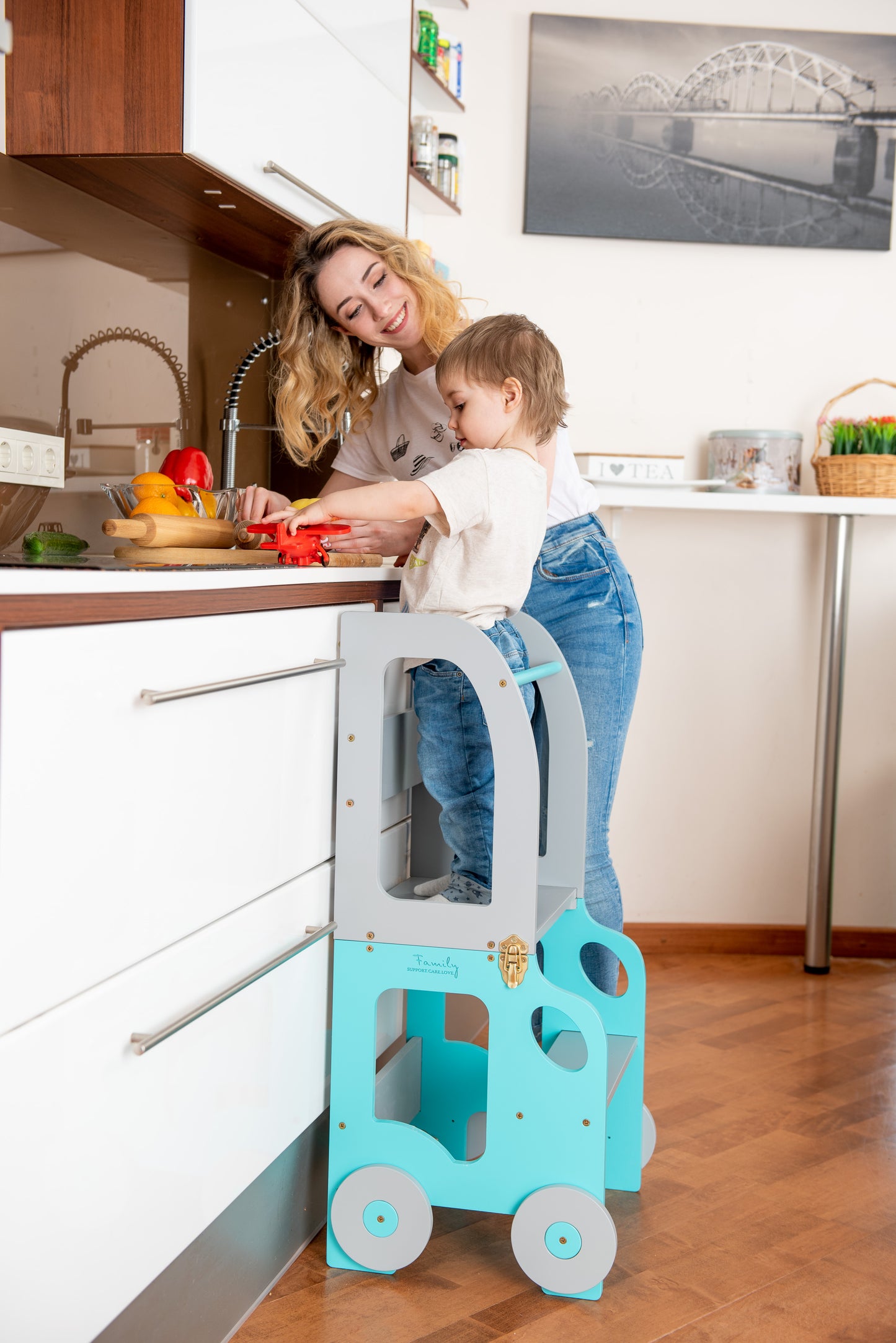 Sgabello Montessori multifunzionale Blu e Grigio - Torre di apprendimento trasformabile