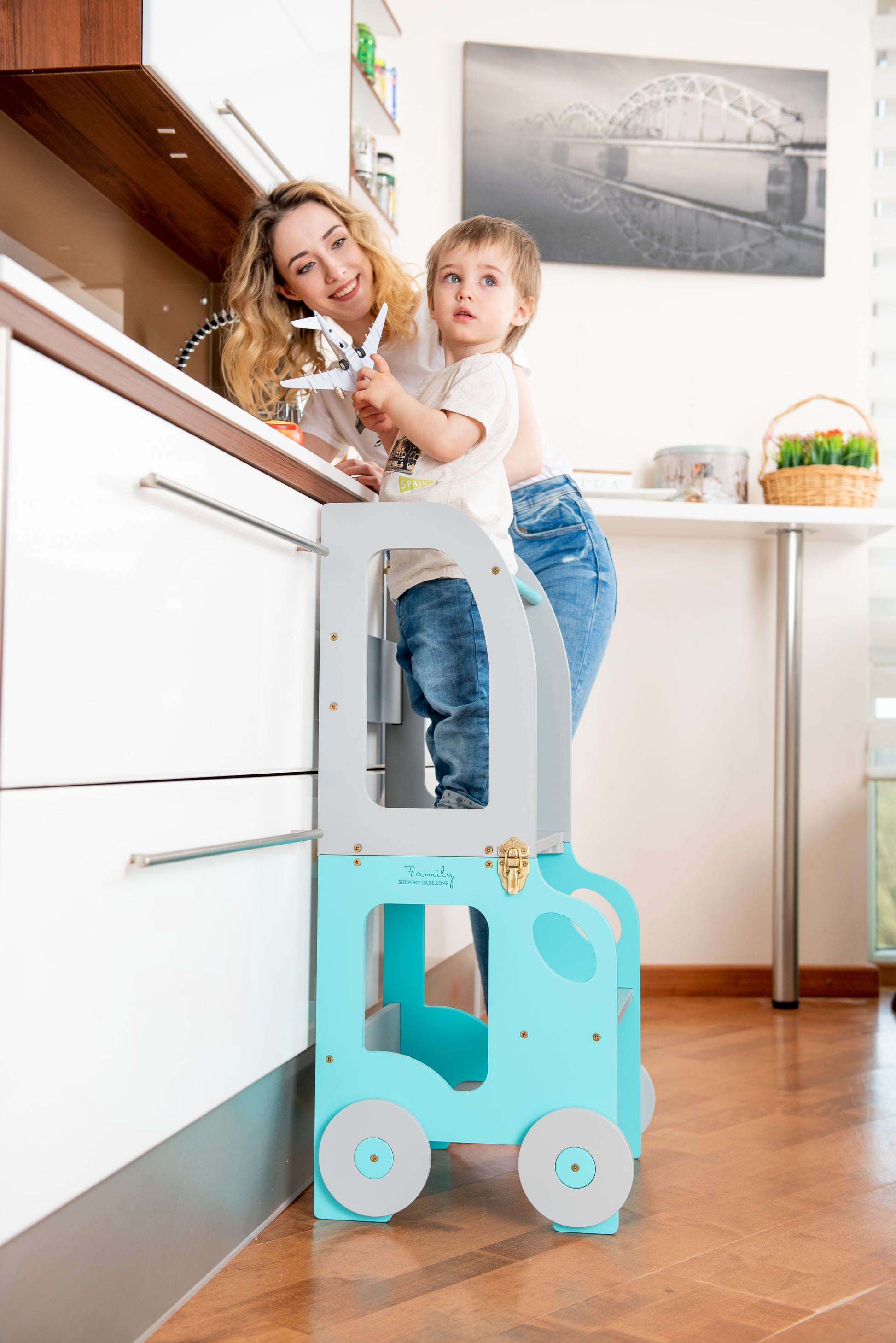 Sgabello Montessori multifunzionale Blu e Grigio - Torre di apprendimento trasformabile