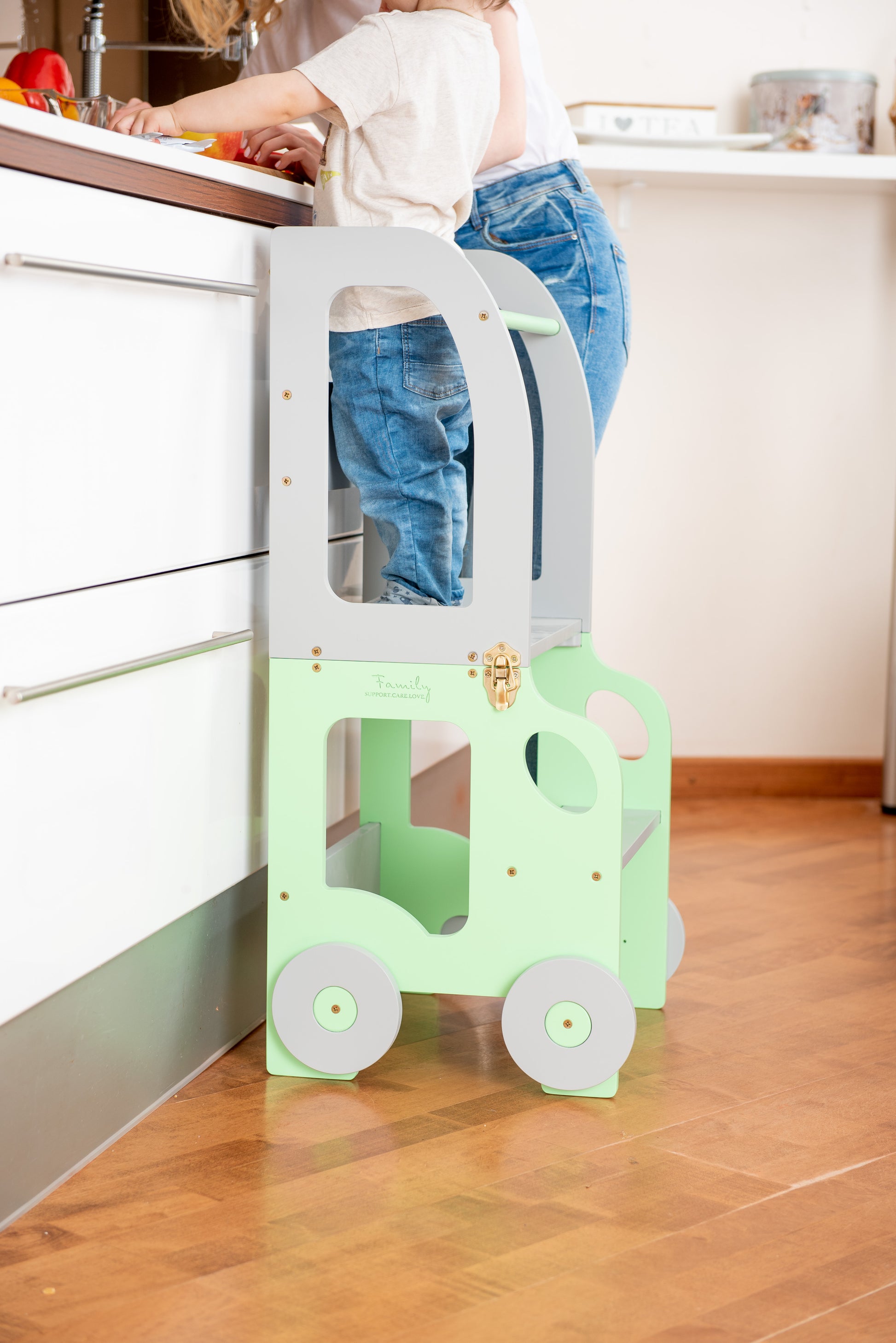 Sgabello Montessori multifunzionale Verde e Grigio - Torre di apprendimento trasformabile