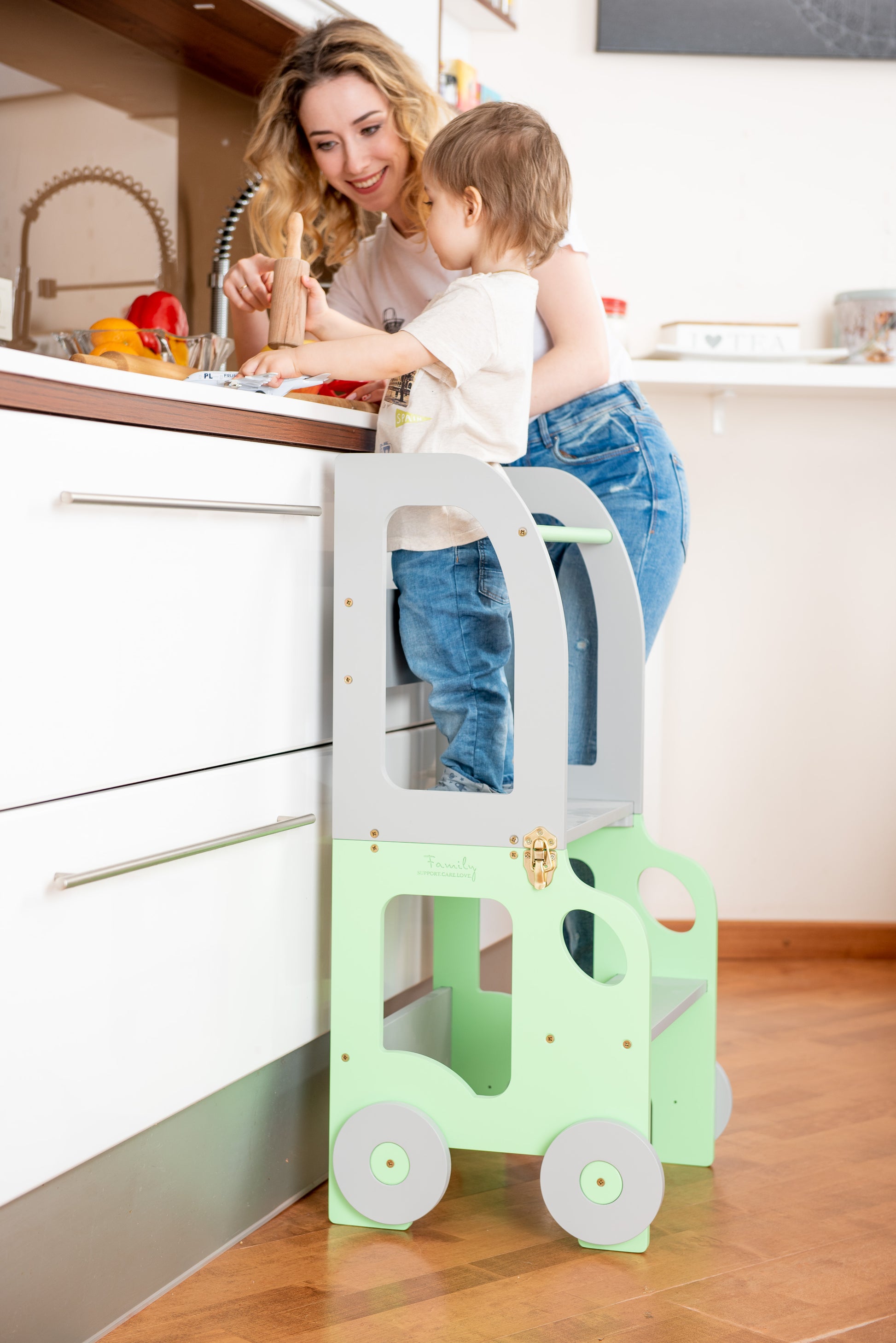 Sgabello Montessori multifunzionale Verde e Grigio - Torre di apprendimento trasformabile