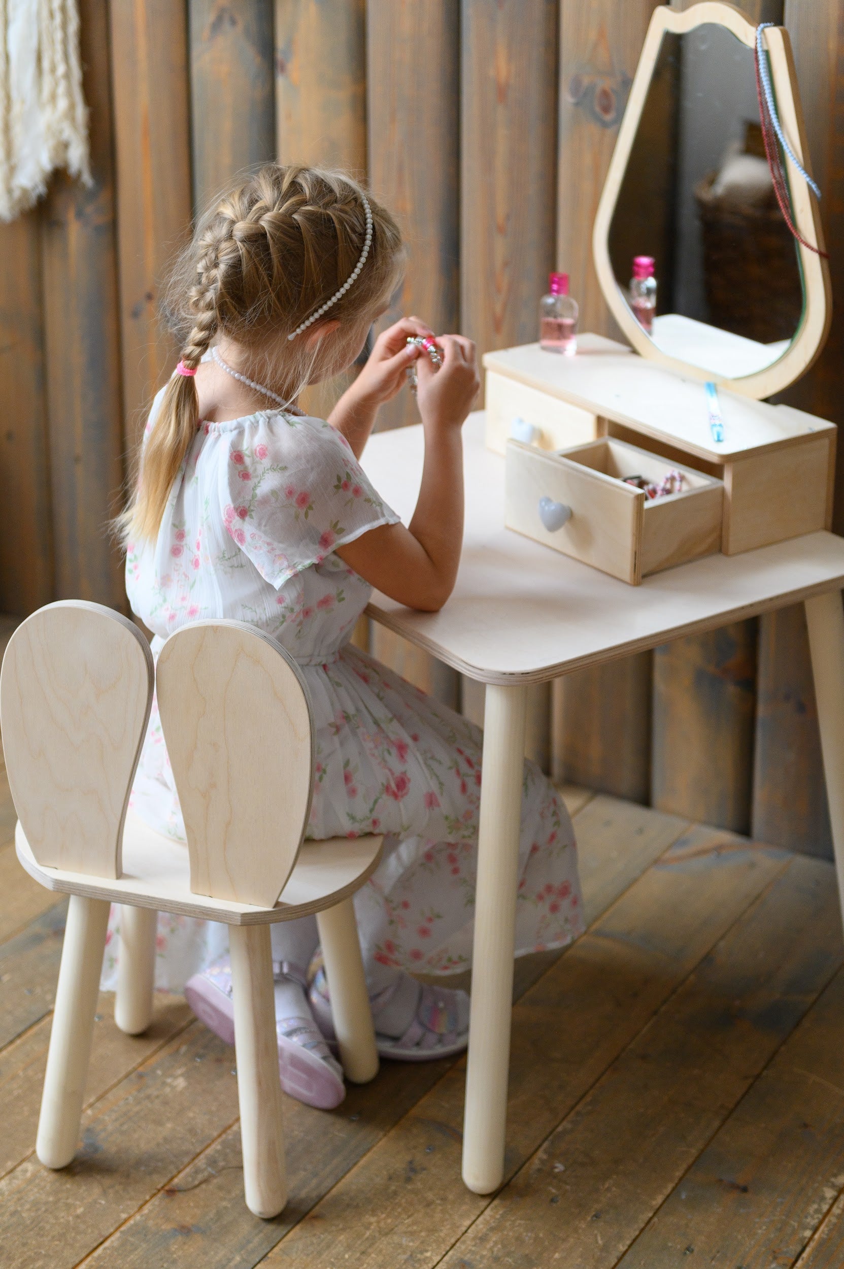 Tavolo da Toeletta Principessa con Specchio - Tulip Legno Naturale | Set per Bambini