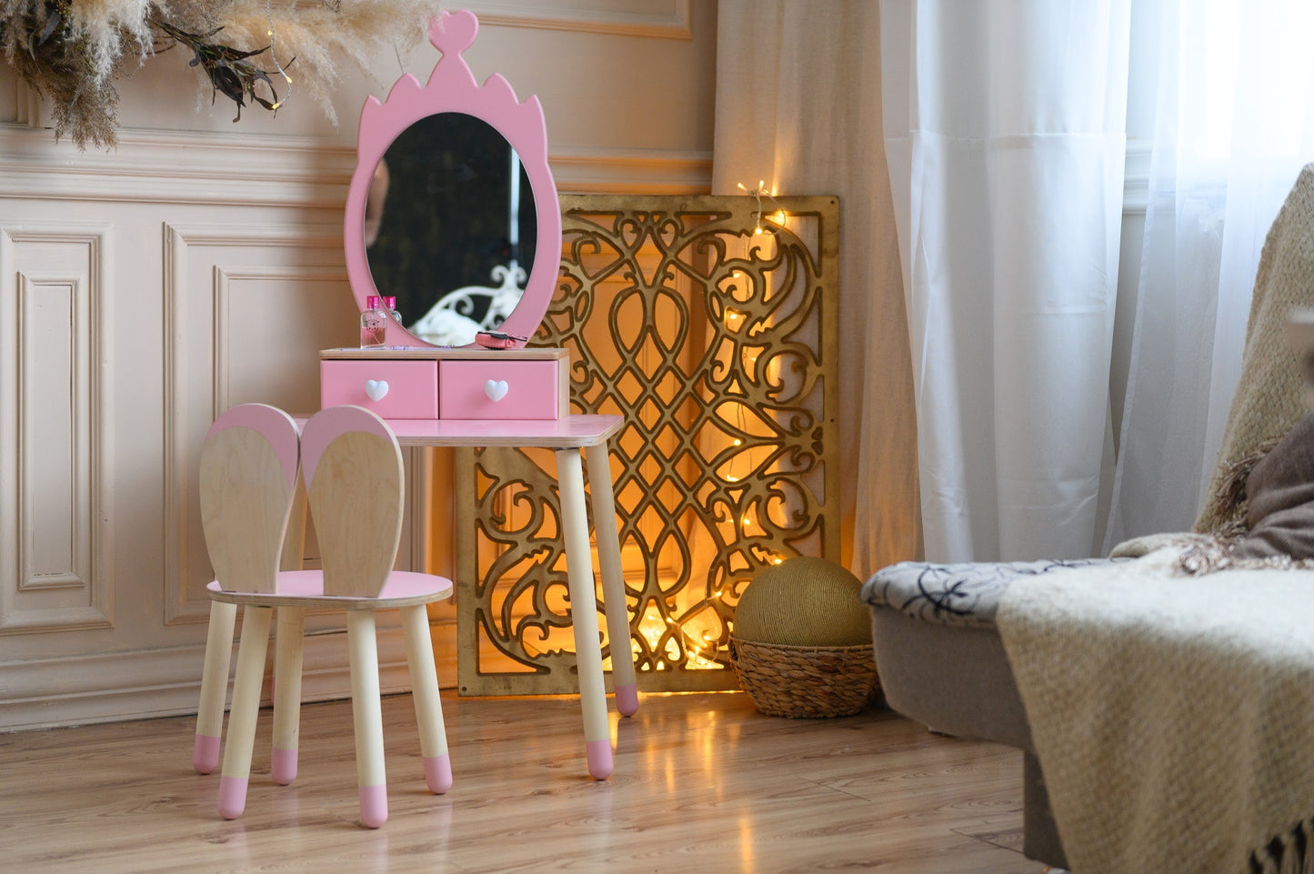 Tavolo da Toeletta Principessa con Specchio - Crown Rosa | Set per Bambini