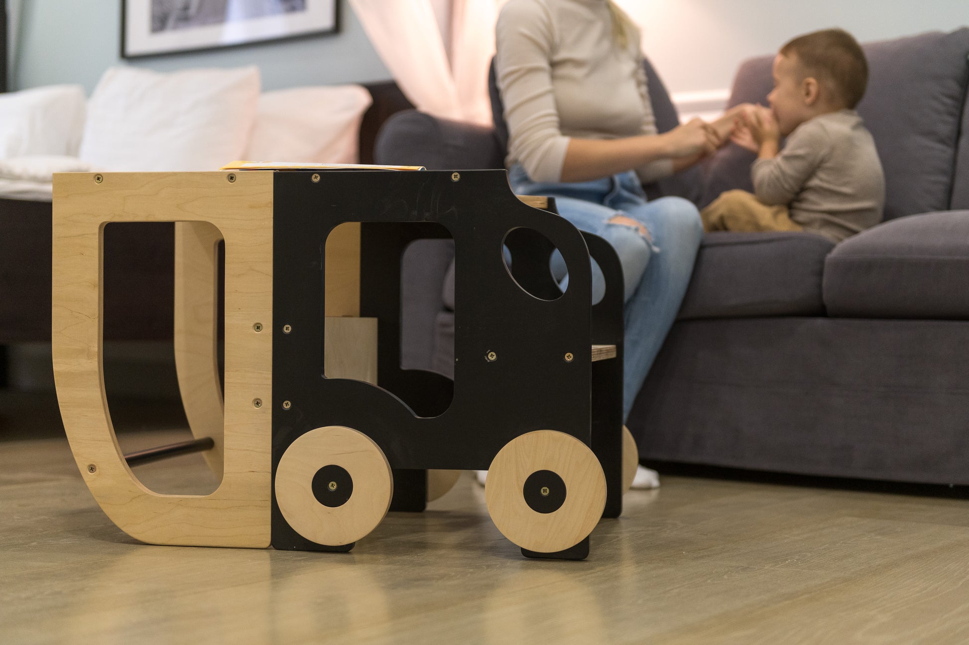 Sgabello Montessori multifunzionale Nero e Legno Naturale - Torre di apprendimento trasformabile