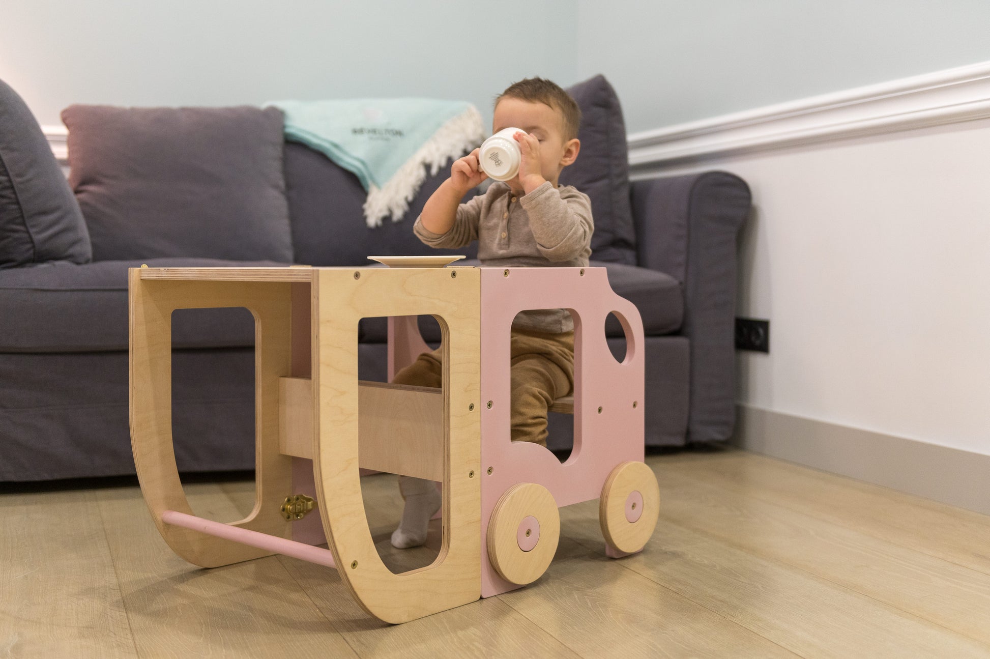 Sgabello Montessori multifunzionale Rosa e Legno Naturale - Torre di apprendimento trasformabile