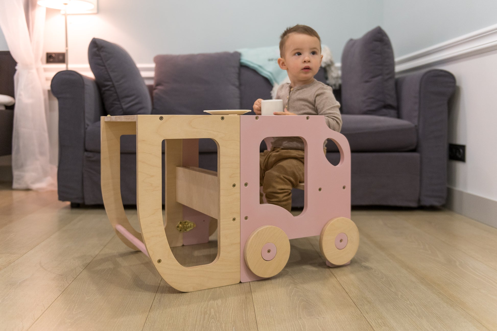 Sgabello Montessori multifunzionale Rosa e Legno Naturale - Torre di apprendimento trasformabile